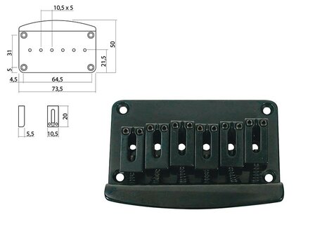 Brug-staartstuk, Stratocaster-model, pitch 10,5mm, zwart