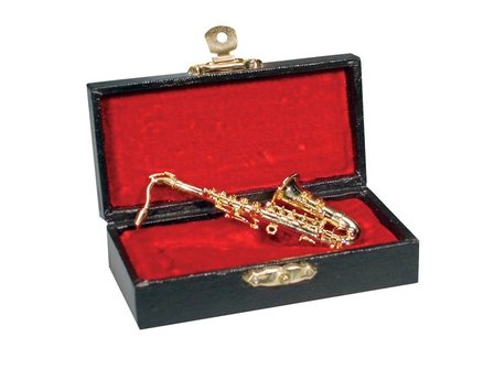 Miniatuur tenorsax, 16,0 cm, goudgelakt, in koffertje 