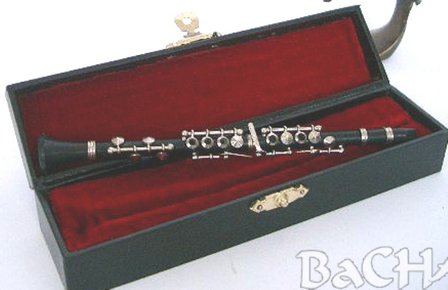 Miniatuur klarinet, zwart met koffer, 15 cm
