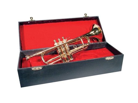Miniatuur trompet, goud met koffer, 12 cm