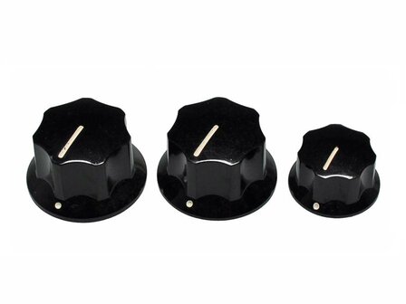 Fender jbass/mustang knobs for CTS shaft size, 2+1, black, set knoppen
