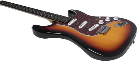 EKO stratocastermodel in Sunburst, nu met riem, muziekboek+cd+dvd, plectrum, kabel en snaren