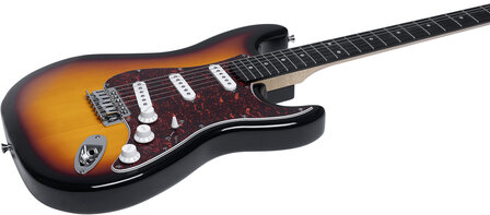 EKO stratocastermodel in Sunburst, nu met riem, muziekboek+cd+dvd, plectrum, kabel en snaren