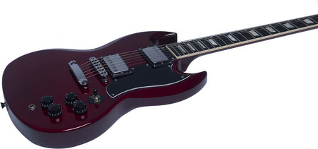 EKO SG-model in Cherry Red, nu met riem, muziekboek+cd+dvd, plectrum, kabel en snaren