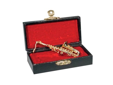 Miniatuur tenorsax, 8,2 cm, goudgelakt, in koffertje