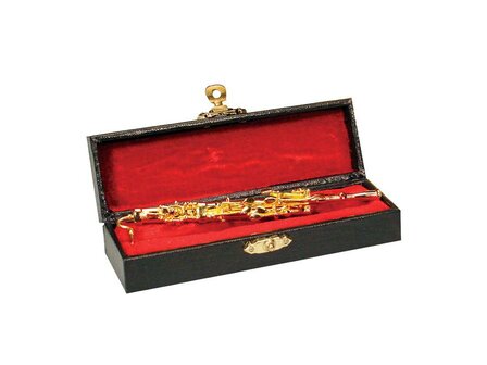 Miniatuur Fagot / Bassoon met koffer, 10,3 cm, goudkleurig