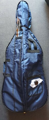 Blauwe gevoerde hoes met diverse vakken voor 3/4 cello
