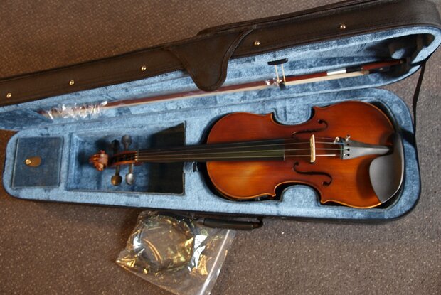 Electro-akoestische viool, compleet met koffer, strijkstok en hars