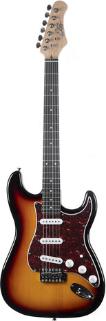 EKO stratocastermodel in Sunburst, nu met riem, muziekboek+cd+dvd, plectrum, kabel en snaren