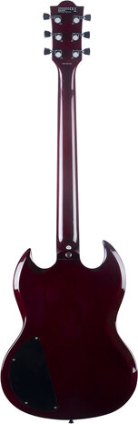 EKO SG-model in Cherry Red, nu met riem, muziekboek+cd+dvd, plectrum, kabel en snaren