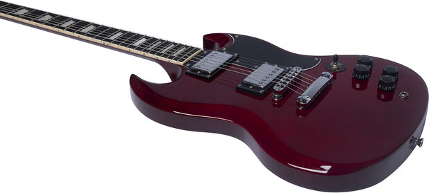 EKO SG-model in Cherry Red, nu met riem, muziekboek+cd+dvd, plectrum, kabel en snaren