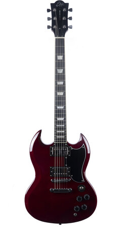 EKO SG-model in Cherry Red, nu met riem, muziekboek+cd+dvd, plectrum, kabel en snaren