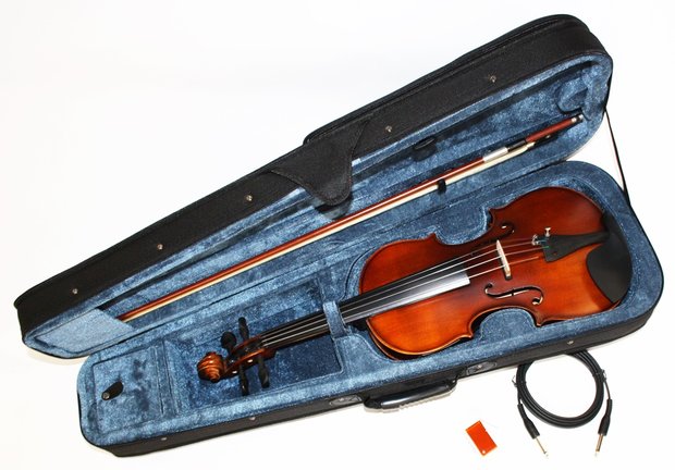 Electro-akoestische viool, compleet met koffer, strijkstok en hars