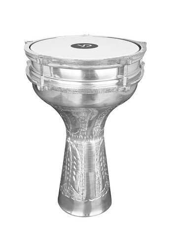 Vatan gegraveerde aluminum Darbuka / Goblet drum, 18,5 cm diameter, verzilverd met bellenring